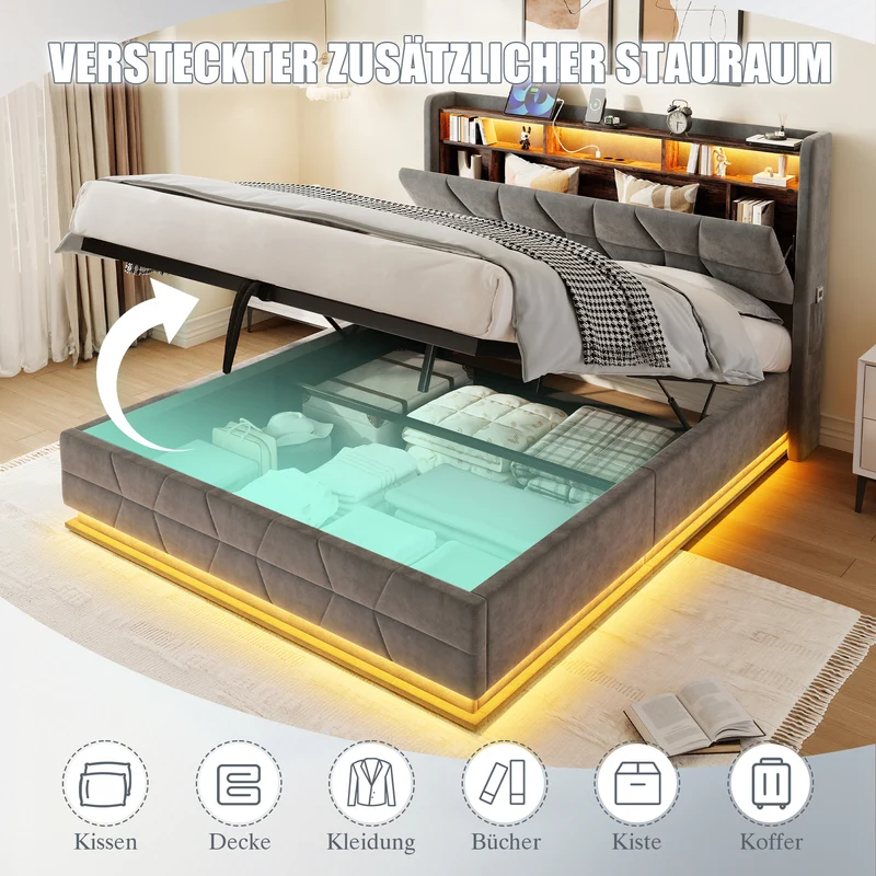 Lit coffre queen en velours gris foncé avec LED, ports USB/Type-C 160x200cm VERTEXRYLATH