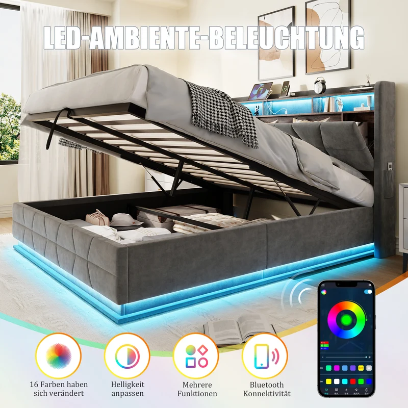 Lit coffre queen en velours gris foncé avec LED, ports USB/Type-C 160x200cm VERTEXRYLATH