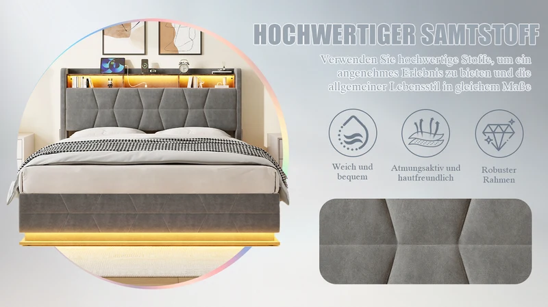 Lit coffre queen en velours gris foncé avec LED, ports USB/Type-C 160x200cm VERTEXRYLATH