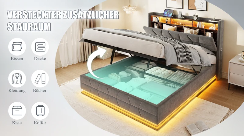 Lit coffre queen en velours gris foncé avec LED, ports USB/Type-C 160x200cm VERTEXRYLATH