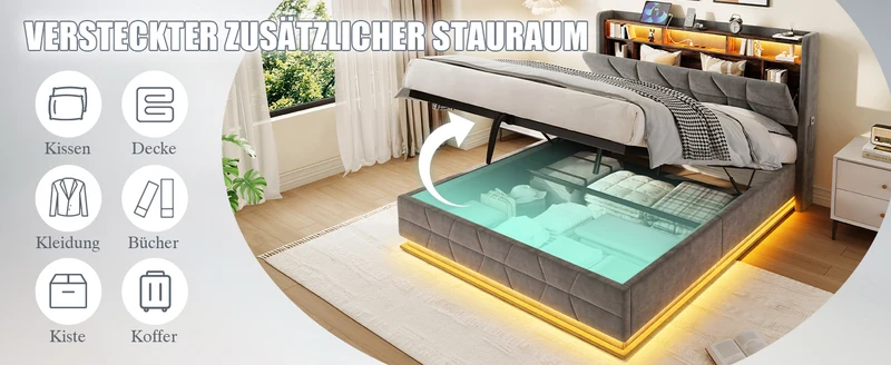 Lit coffre queen en velours gris foncé avec LED, ports USB/Type-C 160x200cm VERTEXRYLATH