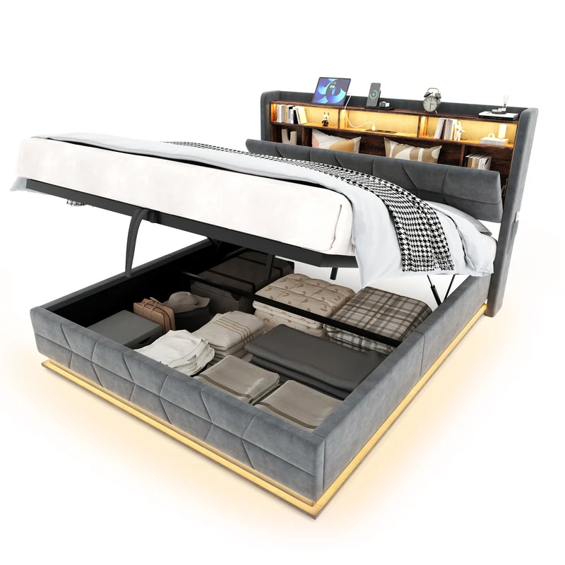 Lit coffre queen en velours gris foncé avec LED, ports USB/Type-C 160x200cm VERTEXRYLATH