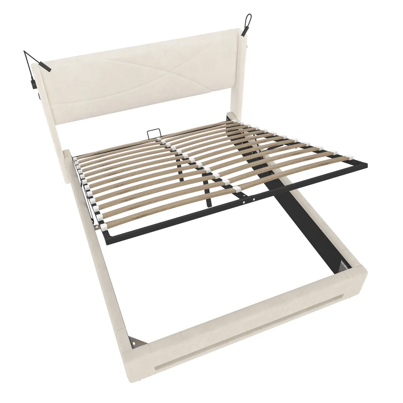 Lit double coffre velours beige avec LED, lampes de lecture et Ports USB 140x200cm VERTEXVALTHYN