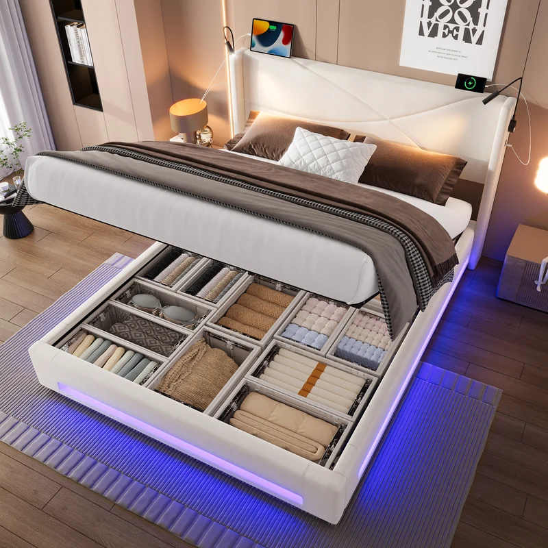 Lit double coffre velours beige avec LED, lampes de lecture et Ports USB 140x200cm VERTEXVALTHYN