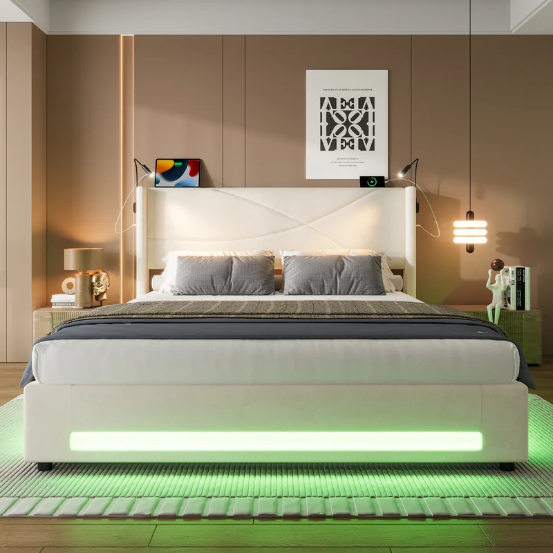 Lit double coffre velours beige avec LED, lampes de lecture et Ports USB 140x200cm VERTEXVALTHYN
