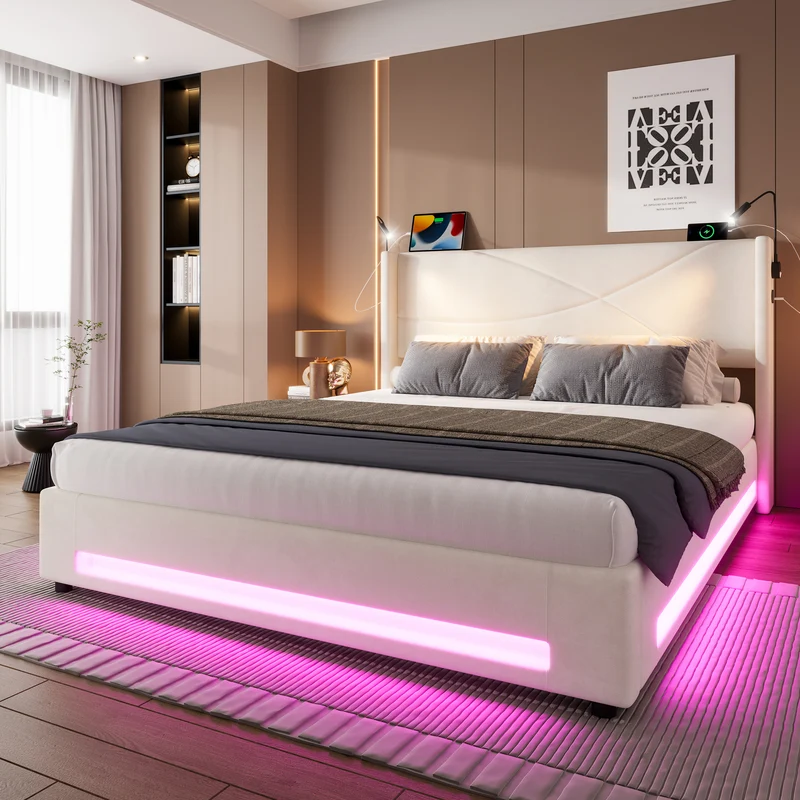 Lit double coffre velours beige avec LED, lampes de lecture et Ports USB 140x200cm VERTEXVALTHYN