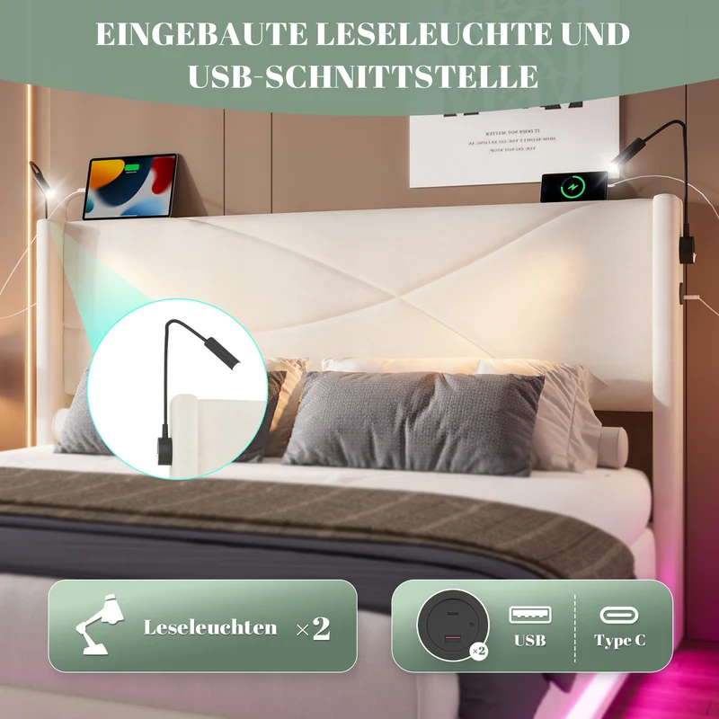 Lit double coffre velours beige avec LED, lampes de lecture et Ports USB 140x200cm VERTEXVALTHYN