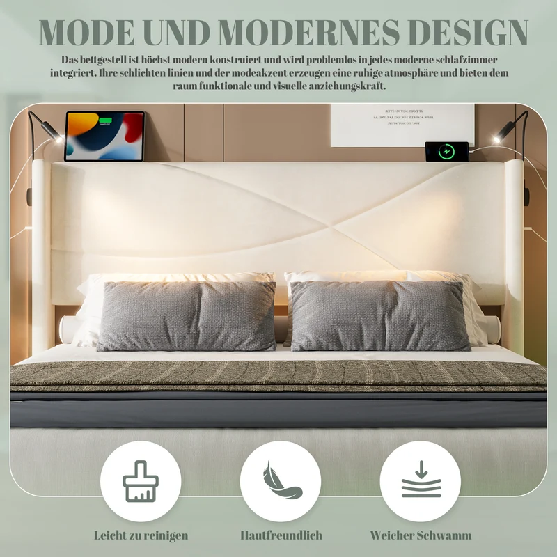 Lit double coffre velours beige avec LED, lampes de lecture et Ports USB 140x200cm VERTEXVALTHYN
