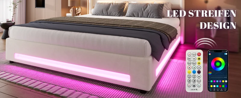 Lit double coffre velours beige avec LED, lampes de lecture et Ports USB 140x200cm VERTEXVALTHYN