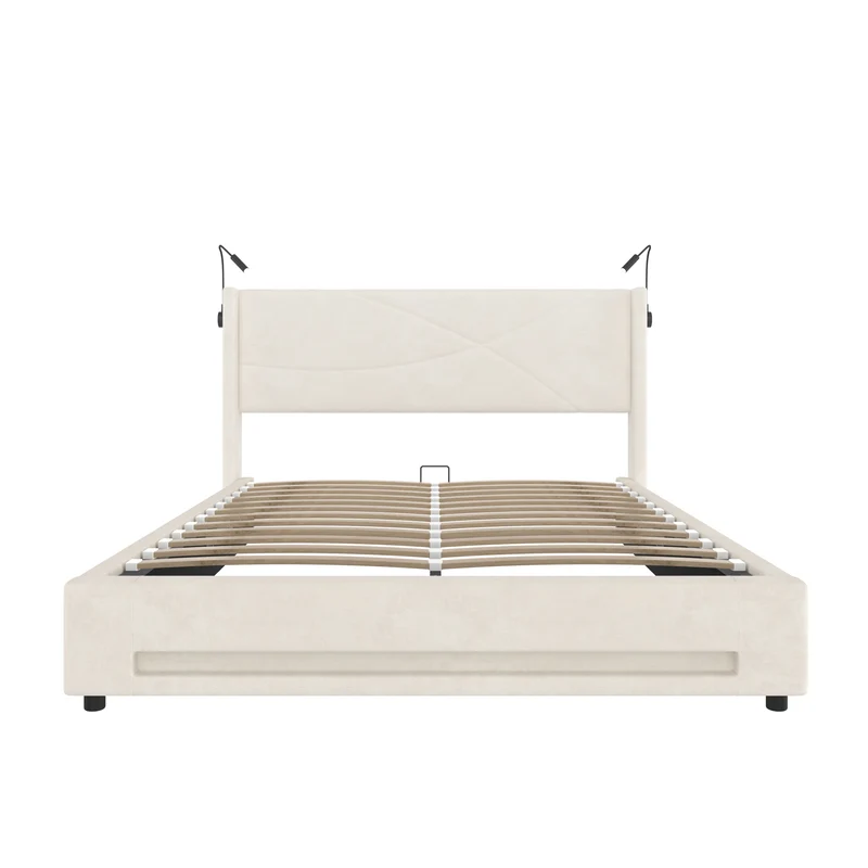 Lit double coffre velours beige avec LED, lampes de lecture et Ports USB 140x200cm VERTEXVALTHYN
