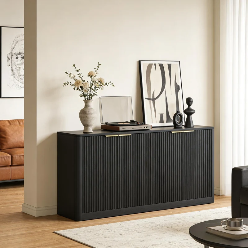 Buffet noir 4 portes façade ondulé et détails dorés 150x40x70,5cm VERTEXZYNTHYN