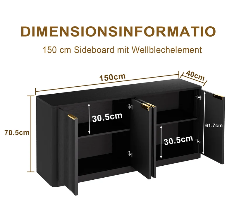 Buffet noir 4 portes façade ondulé et détails dorés 150x40x70,5cm VERTEXZYNTHYN
