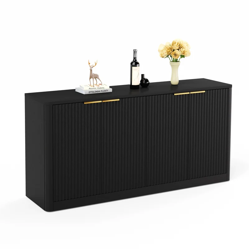 Buffet noir 4 portes façade ondulé et détails dorés 150x40x70,5cm VERTEXZYNTHYN