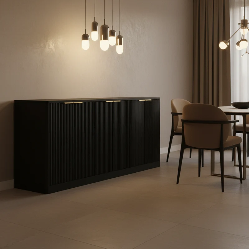 Buffet noir 6 portes façade ondulé et détails dorés 170x40x70,5cm VERTEXKRYOSYNOR
