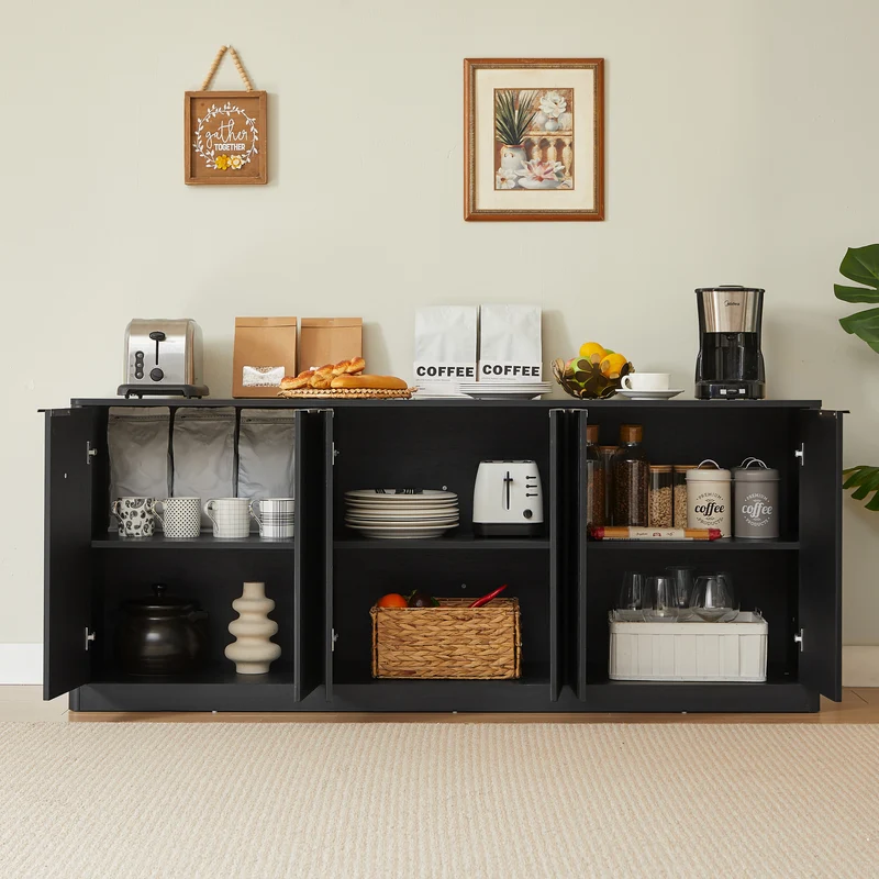 Buffet noir 6 portes façade ondulé et détails dorés 170x40x70,5cm VERTEXKRYOSYNOR