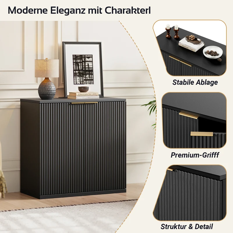 Buffet noir 2 portes façade texturée et détails dorés 60x30x70 cm VERTEXKRYOSYNATH