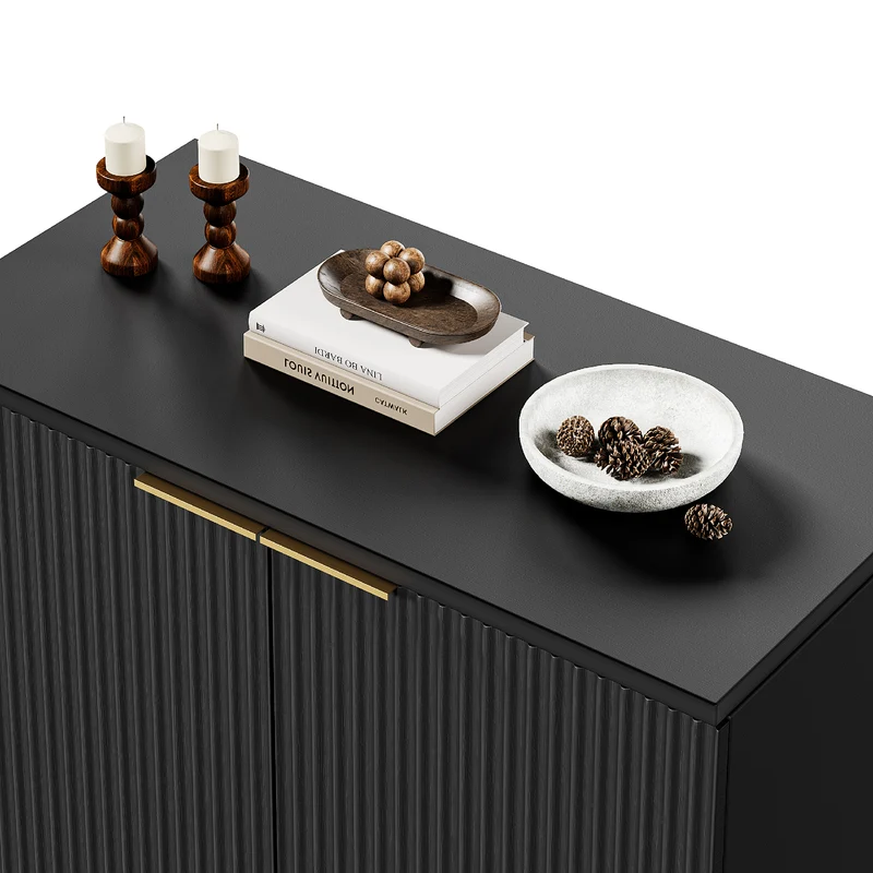 Buffet noir 2 portes façade texturée et détails dorés 60x30x70 cm VERTEXKRYOSYNATH