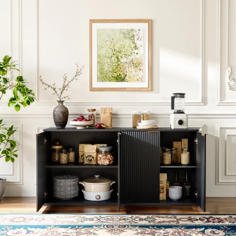 Buffet noir 2 portes façade texturée et détails dorés 60x30x70 cm VERTEXKRYOSYNATH