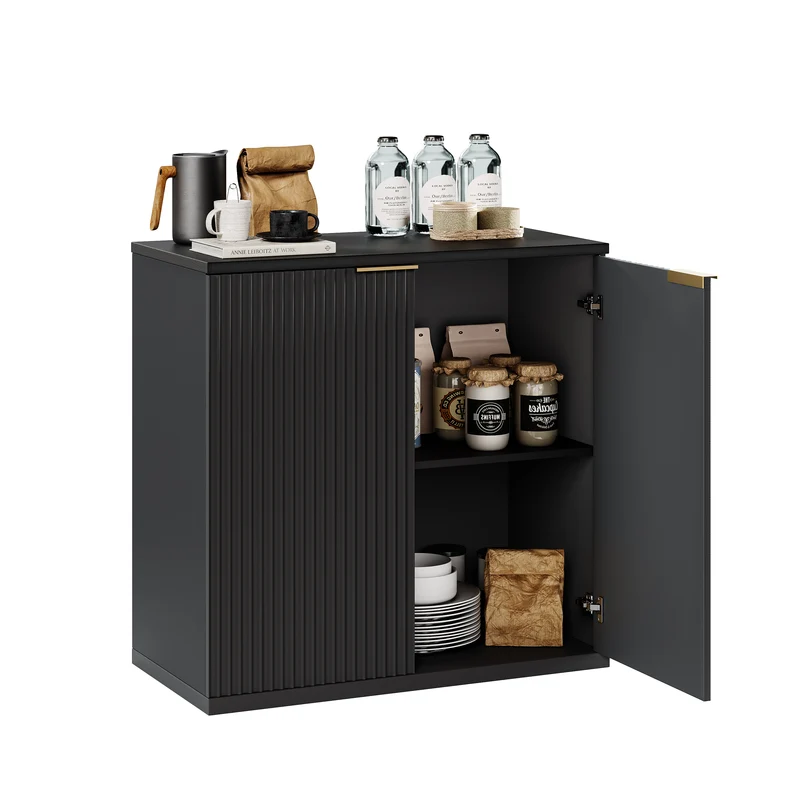 Buffet noir 2 portes façade texturée et détails dorés 60x30x70 cm VERTEXKRYOSYNATH