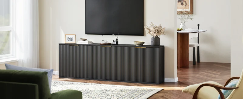 Buffet noir 2 portes façade texturée et détails dorés 60x30x70 cm VERTEXKRYOSYNATH