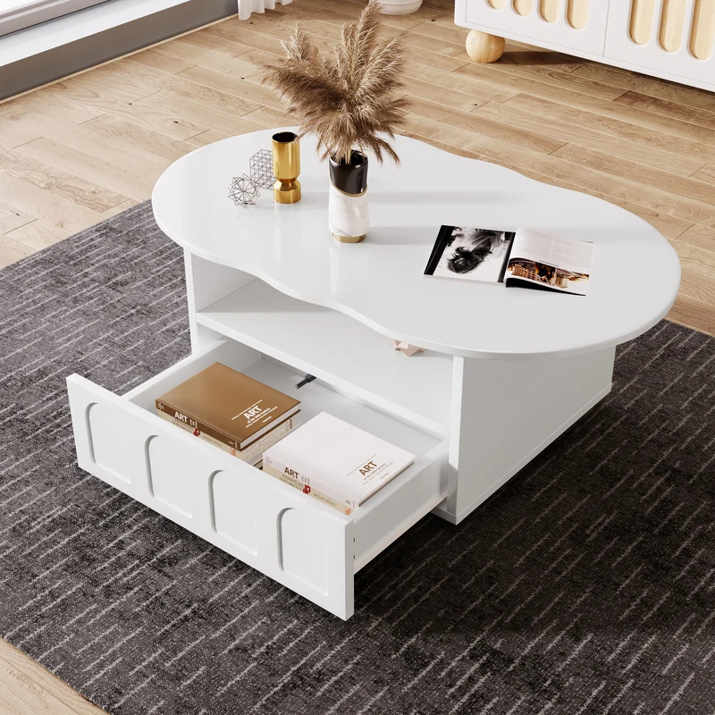 Table basse blanc forme nuage avec tiroir et niche 100x60x40,5 cm RIFTMYRKONOR