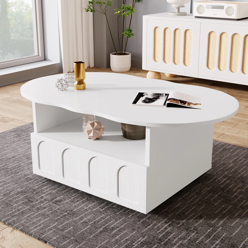 Table basse blanc forme nuage avec tiroir et niche 100x60x40,5 cm RIFTMYRKONOR