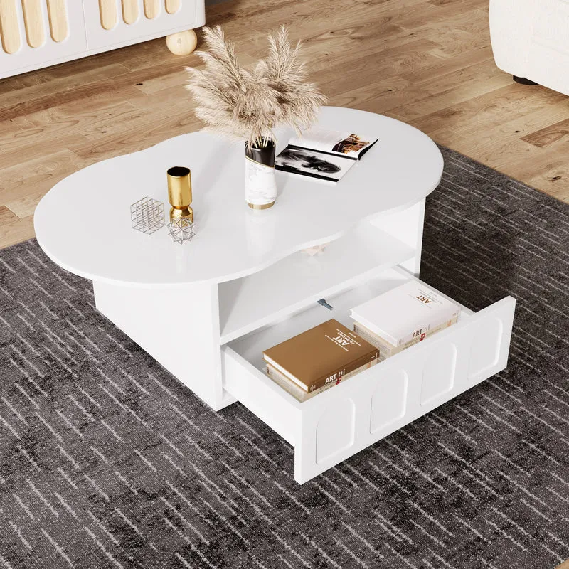 Table basse blanc forme nuage avec tiroir et niche 100x60x40,5 cm RIFTMYRKONOR