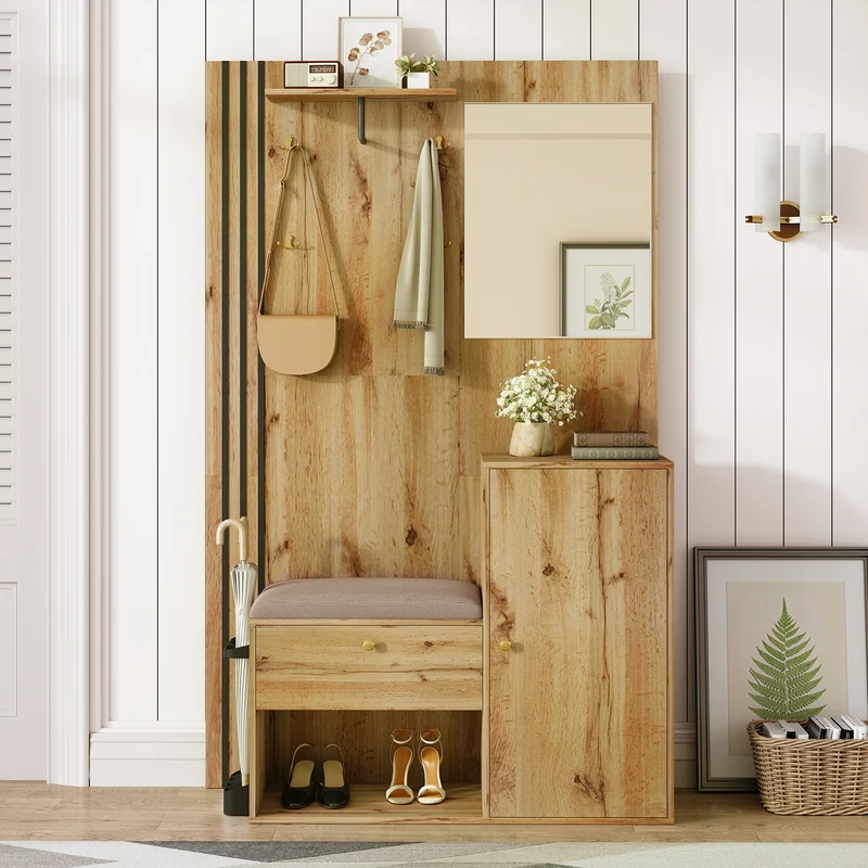 Vestiaire à l'entrée effet bois avec miroir, assise rangement chaussures et porte-parapluie 115x185x37cm MOMENTUMNEXUS