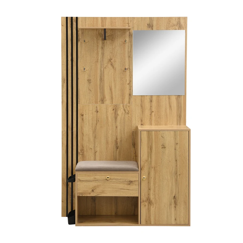 Vestiaire à l'entrée effet bois avec miroir, assise rangement chaussures et porte-parapluie 115x185x37cm MOMENTUMNEXUS