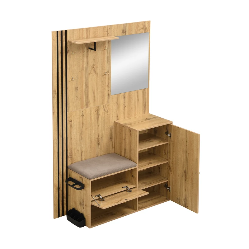 Vestiaire à l'entrée effet bois avec miroir, assise rangement chaussures et porte-parapluie 115x185x37cm MOMENTUMNEXUS
