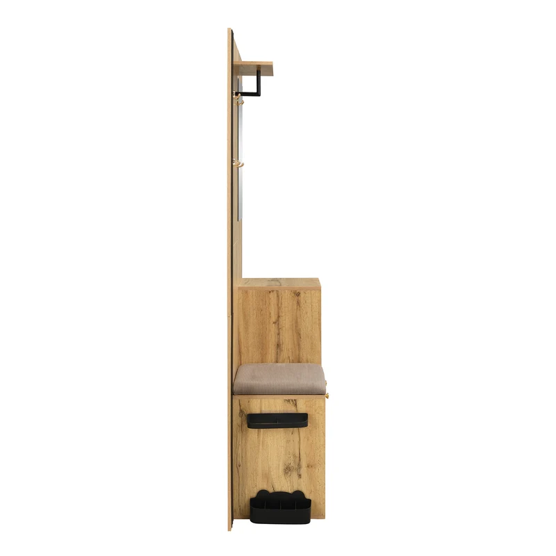 Vestiaire à l'entrée effet bois avec miroir, assise rangement chaussures et porte-parapluie 115x185x37cm MOMENTUMNEXUS