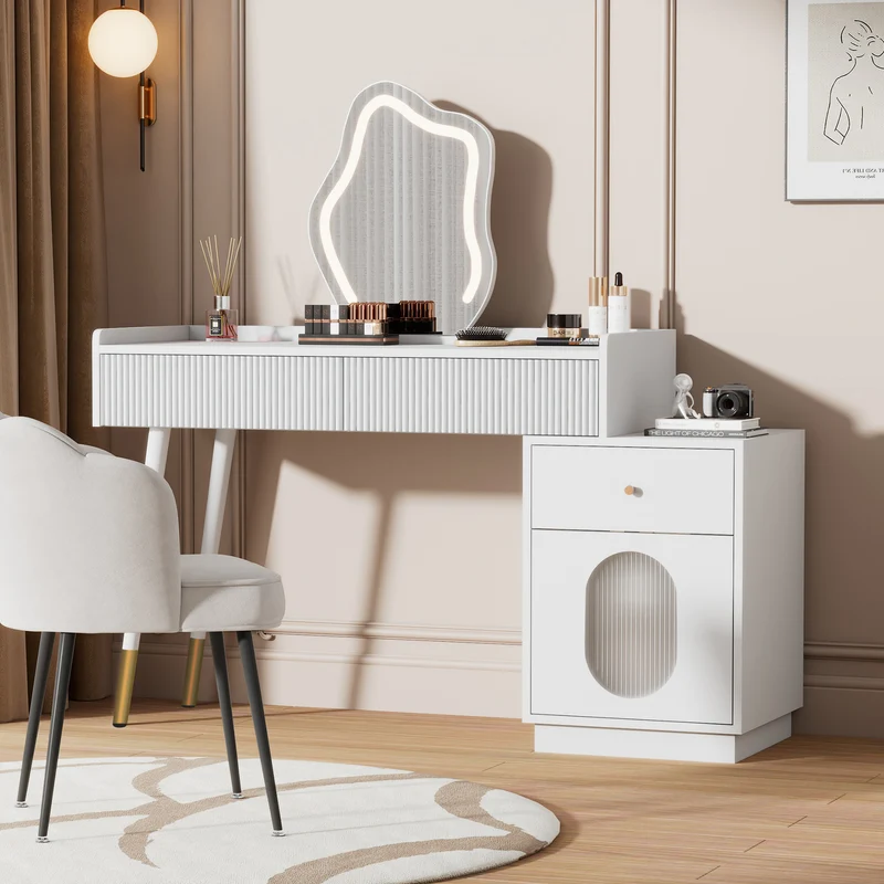 Coiffeuse effet marbre blanche avec miroir LED 3 tiroirs 100x40x75 cm VERTEXKAELOR