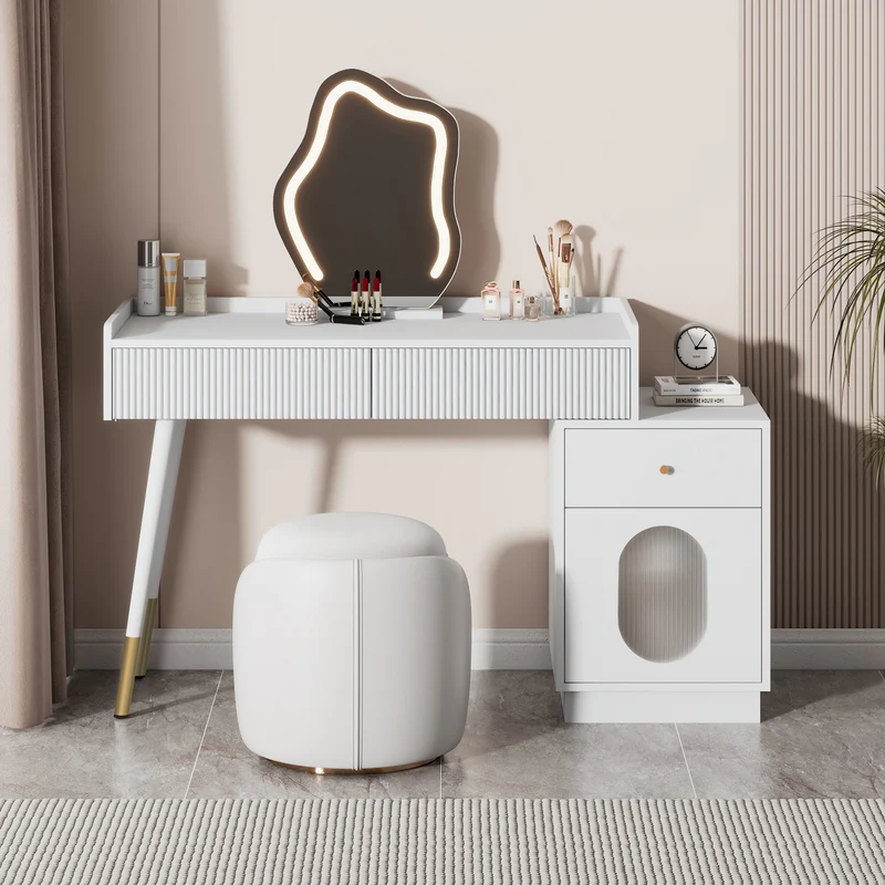 Coiffeuse effet marbre blanche avec miroir LED 3 tiroirs 100x40x75 cm VERTEXKAELOR
