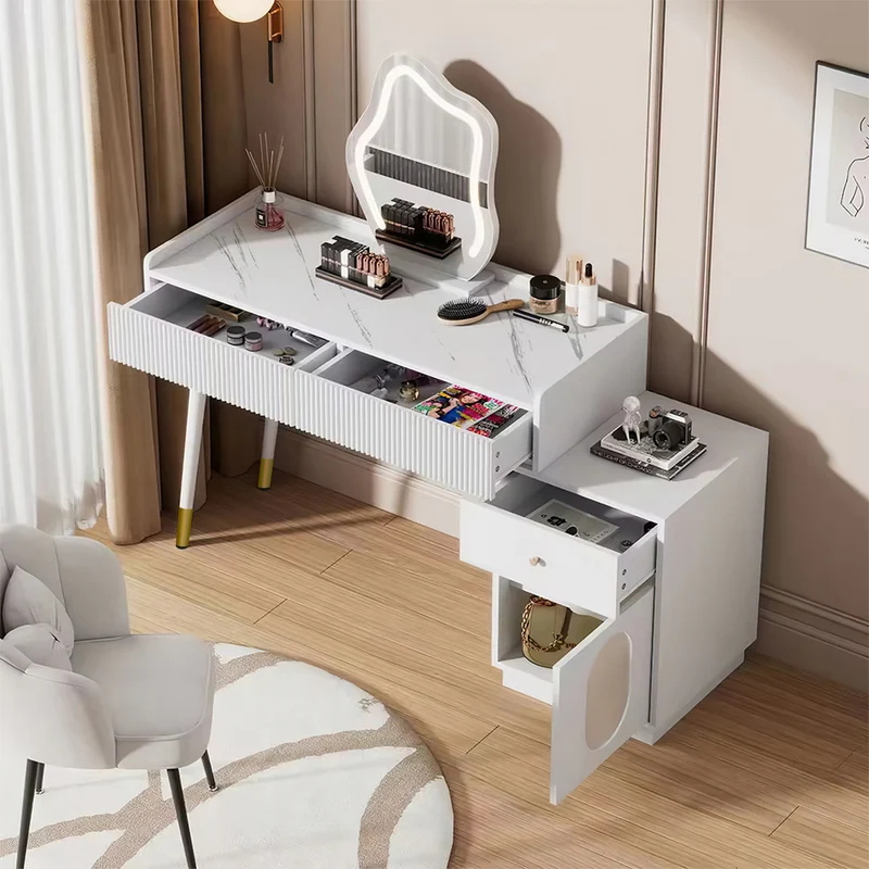 Coiffeuse effet marbre blanche avec miroir LED 3 tiroirs 100x40x75 cm VERTEXKAELOR