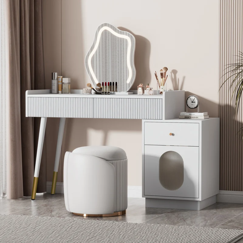 Coiffeuse effet marbre blanche avec miroir LED 3 tiroirs 100x40x75 cm VERTEXKAELOR