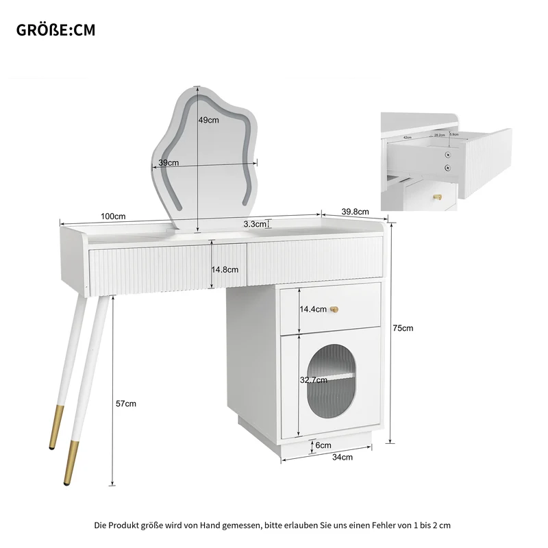 Coiffeuse effet marbre blanche avec miroir LED 3 tiroirs 100x40x75 cm VERTEXKAELOR