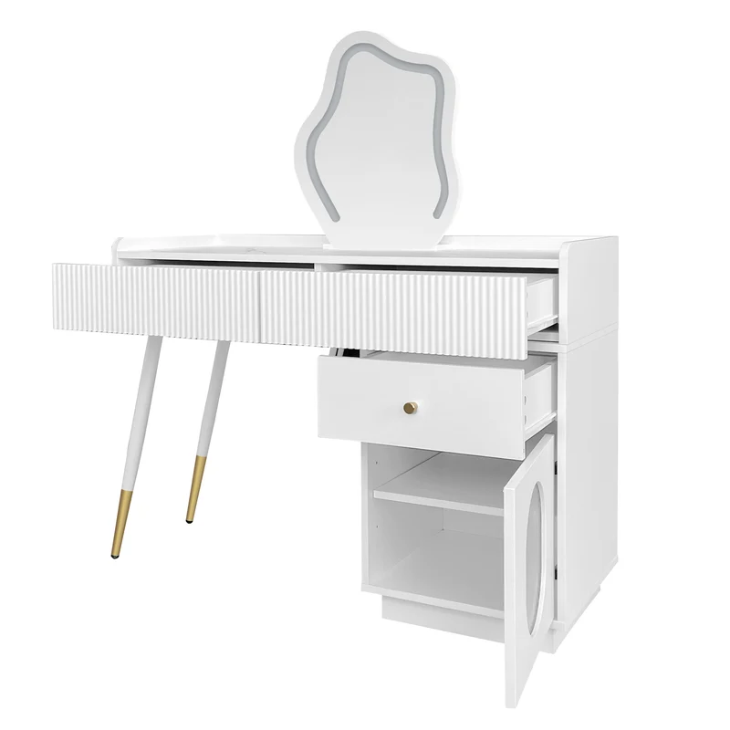 Coiffeuse effet marbre blanche avec miroir LED 3 tiroirs 100x40x75 cm VERTEXKAELOR