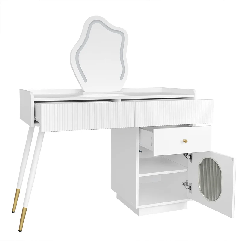 Coiffeuse effet marbre blanche avec miroir LED 3 tiroirs 100x40x75 cm VERTEXKAELOR