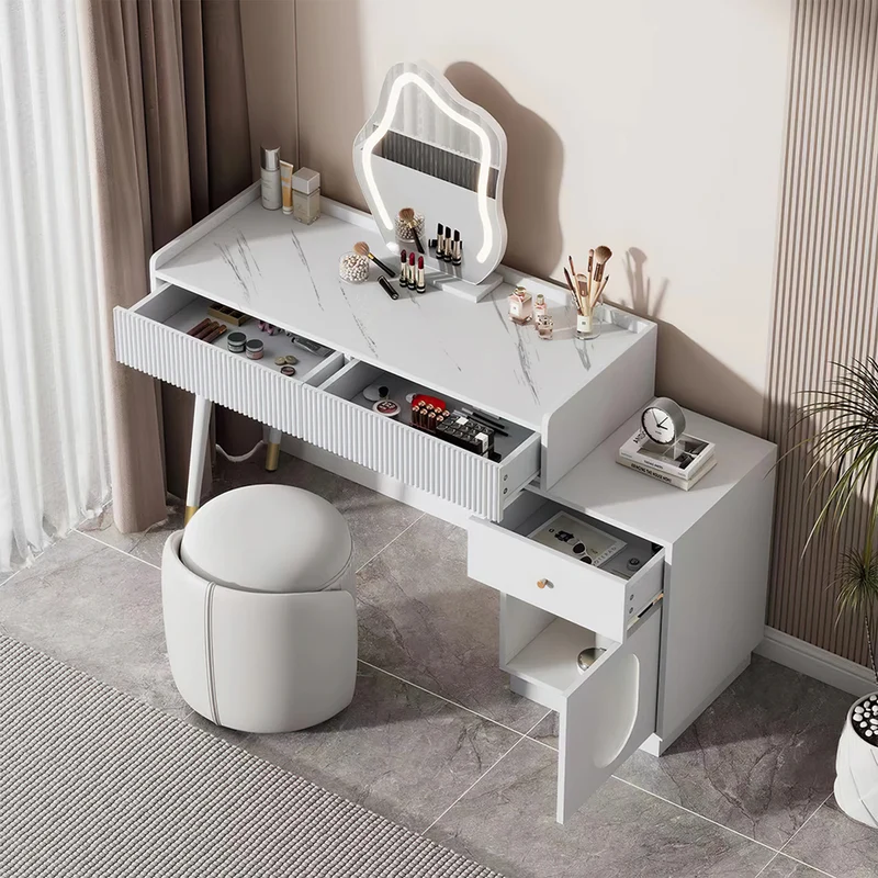 Coiffeuse effet marbre blanche avec miroir LED 3 tiroirs 100x40x75 cm VERTEXKAELOR