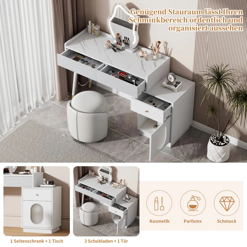 Coiffeuse effet marbre blanche avec miroir LED 3 tiroirs 100x40x75 cm VERTEXKAELOR