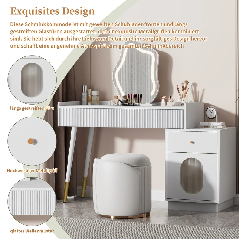 Coiffeuse effet marbre blanche avec miroir LED 3 tiroirs 100x40x75 cm VERTEXKAELOR