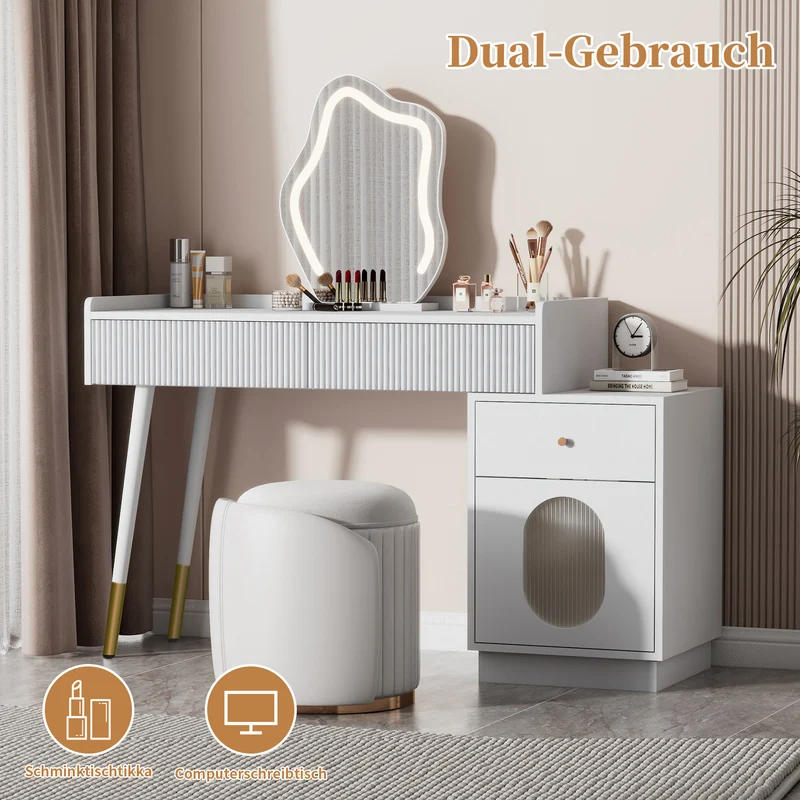 Coiffeuse effet marbre blanche avec miroir LED 3 tiroirs 100x40x75 cm VERTEXKAELOR