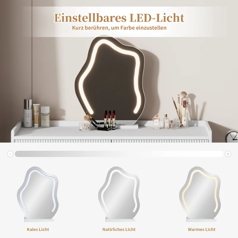 Coiffeuse effet marbre blanche avec miroir LED 3 tiroirs 100x40x75 cm VERTEXKAELOR