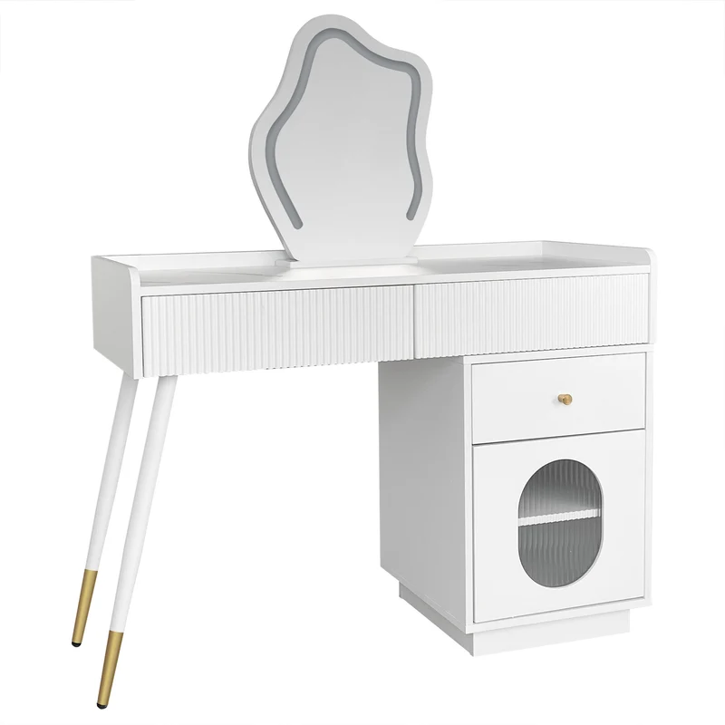 Coiffeuse effet marbre blanche avec miroir LED 3 tiroirs 100x40x75 cm VERTEXKAELOR