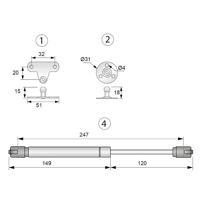 Verin de porte à gaz 250mm - 80N - Blanc