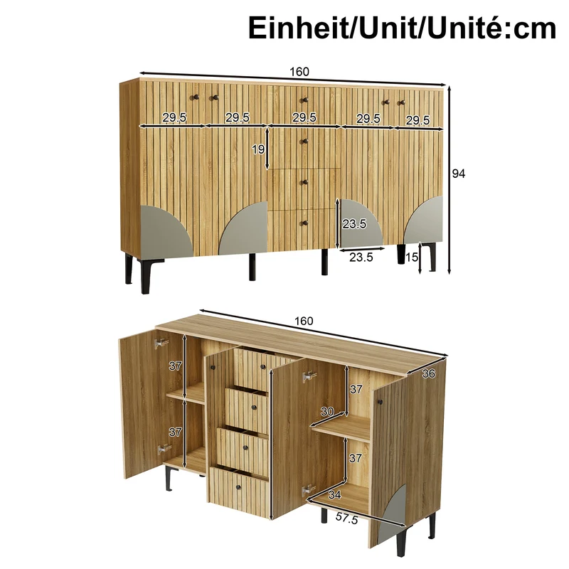 Buffet effet bois avec 4 portes cannelées 4 tiroirs 160x36x94cm RIFTKAELISYN