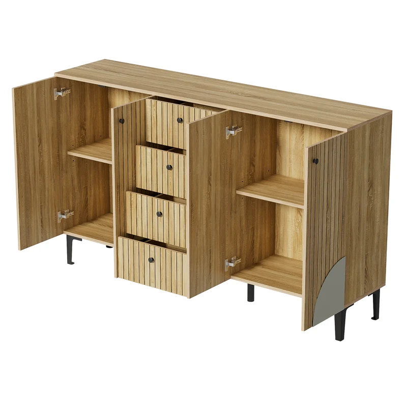 Buffet effet bois avec 4 portes cannelées 4 tiroirs 160x36x94cm RIFTKAELISYN