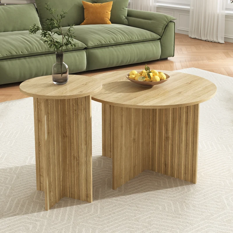 Ensemble de tables basses gigognes rondes effet bois piètement cannelé RIFTVYNRAKYN