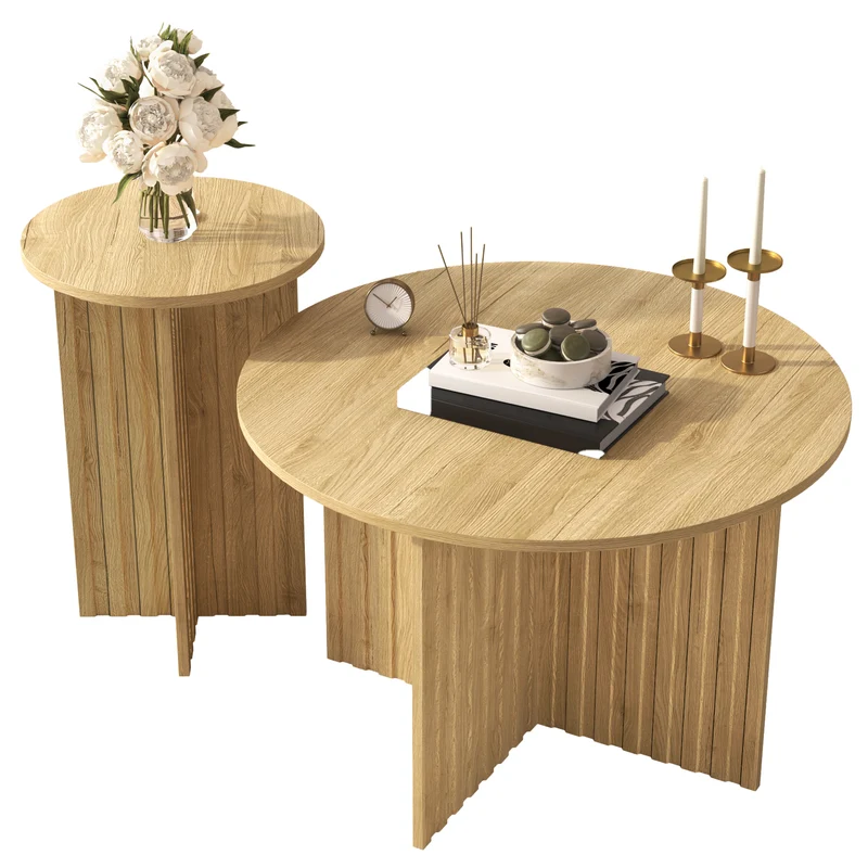 Ensemble de tables basses gigognes rondes effet bois piètement cannelé RIFTVYNRAKYN