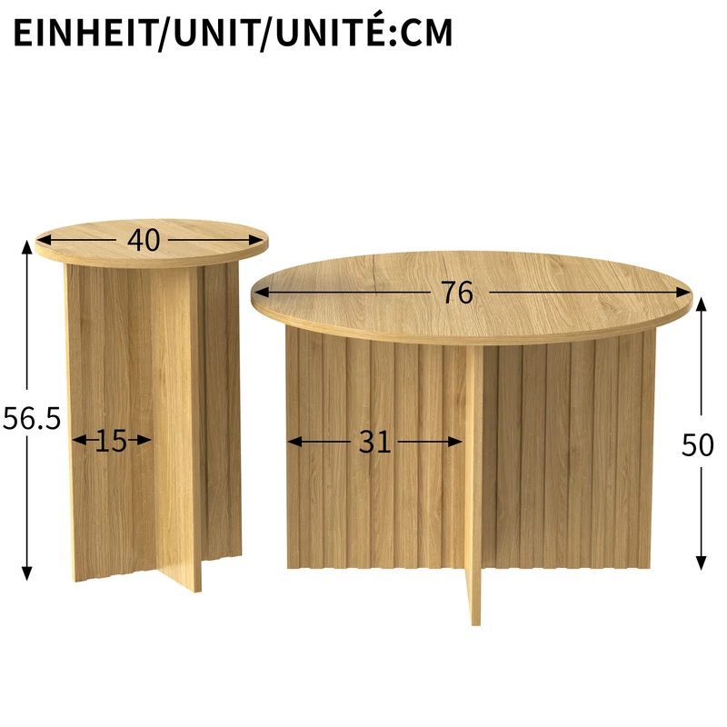 Ensemble de tables basses gigognes rondes effet bois piètement cannelé RIFTVYNRAKYN